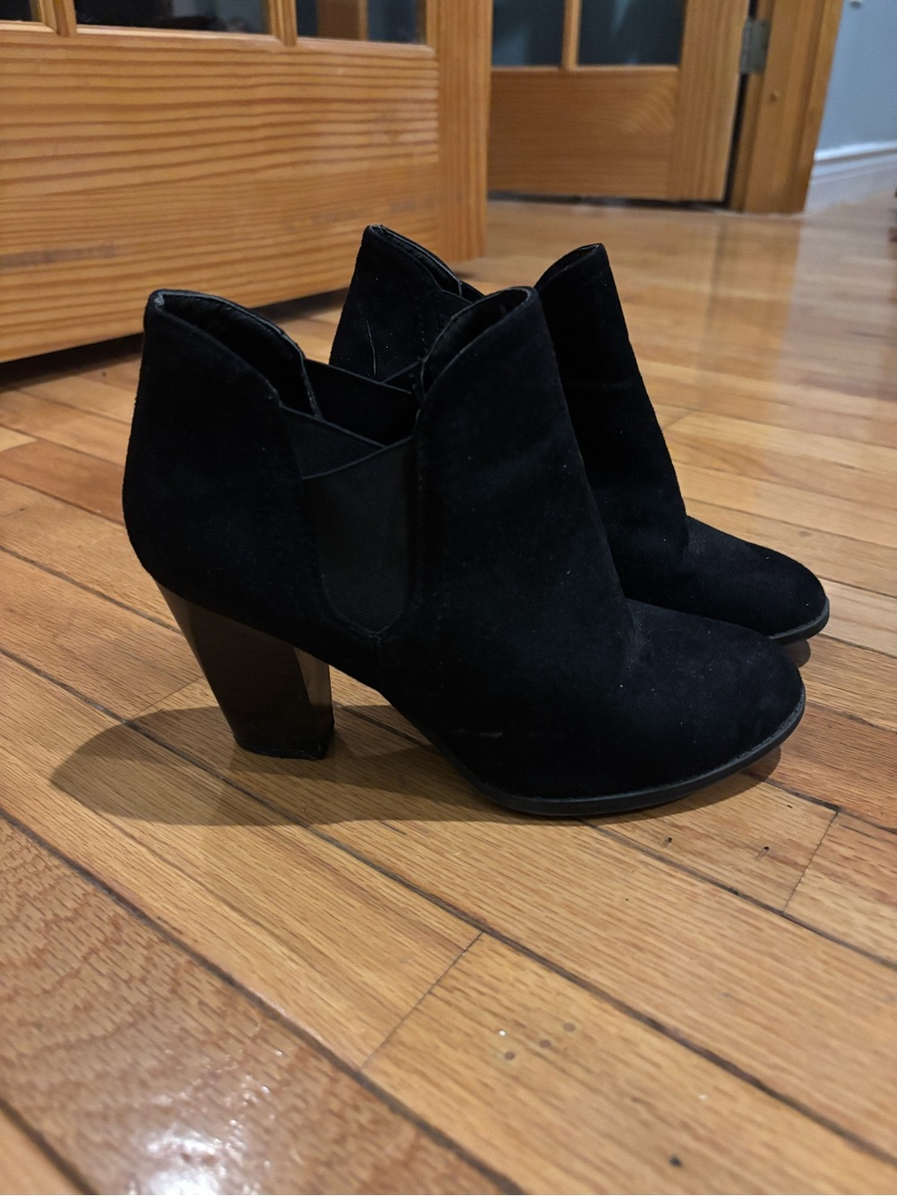 Women's Black Suede Ankle Booties with Block Heel